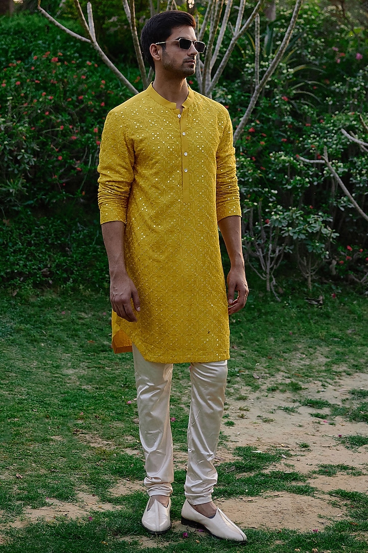 Mustard Viscose Cotton Silk & Georgette Thread Embroidered Kurta Set by Ankit V Kapoor