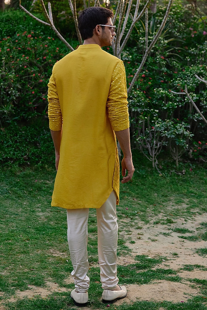Mustard Viscose Cotton Silk & Georgette Thread Embroidered Kurta Set by Ankit V Kapoor at Pernia's Pop Up Shop