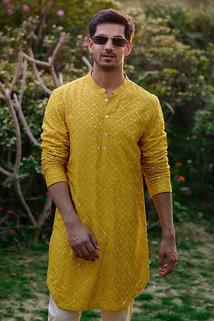 Mustard Viscose Cotton Silk & Georgette Thread Embroidered Kurta Set by Ankit V Kapoor at Pernia's Pop Up Shop
