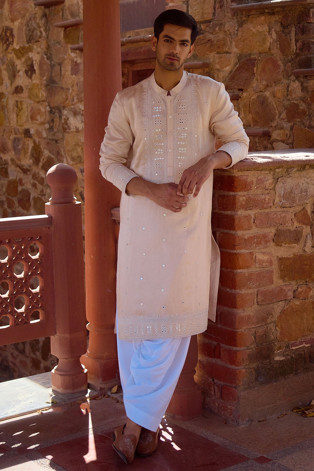 Akriti Beige Handwoven Extra-Weft Slit Neckline Kurta