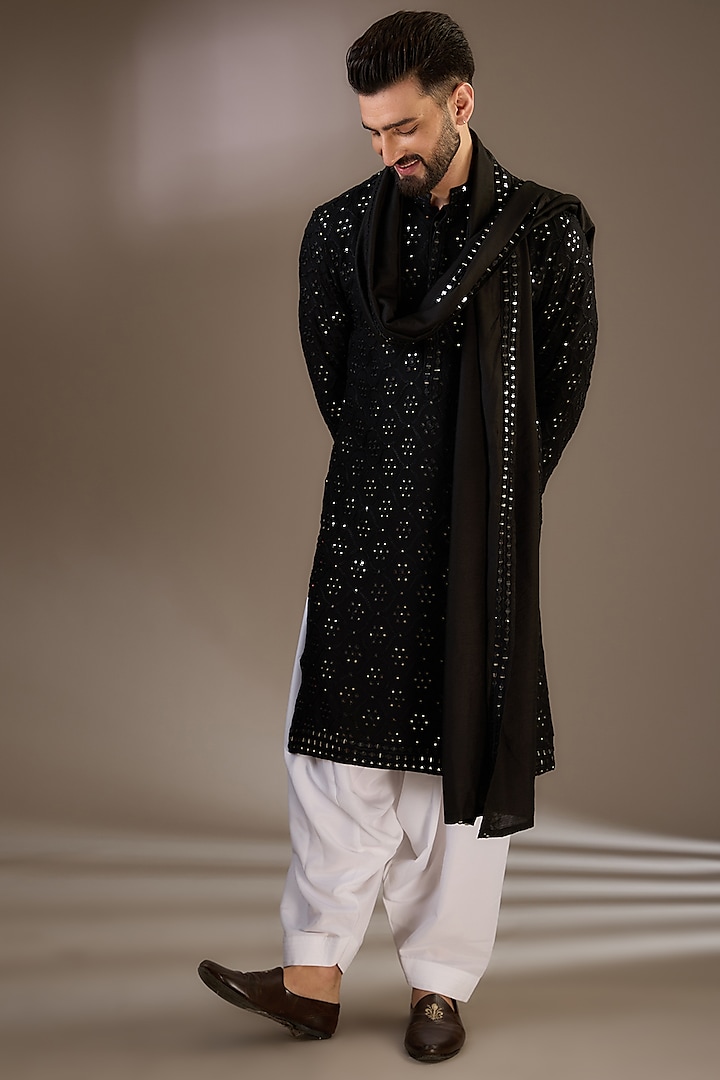 Black Georgette Mirror & Machine Embroidered Kurta Set by Ankit V Kapoor