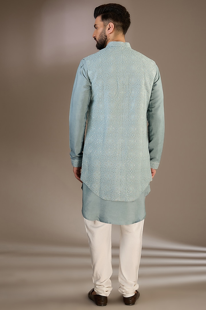 Blue Viscose Cotton Silk & Georgette Thread Embroidered Wedding Indowestern Set by Ankit V Kapoor at Pernia's Pop Up Shop