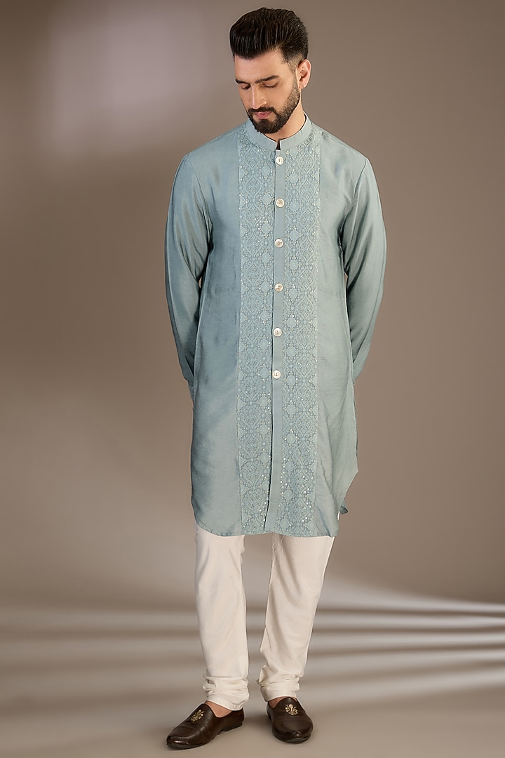 Blue Viscose Cotton Silk & Georgette Thread Embroidered Wedding Indowestern Set by Ankit V Kapoor at Pernia's Pop Up Shop