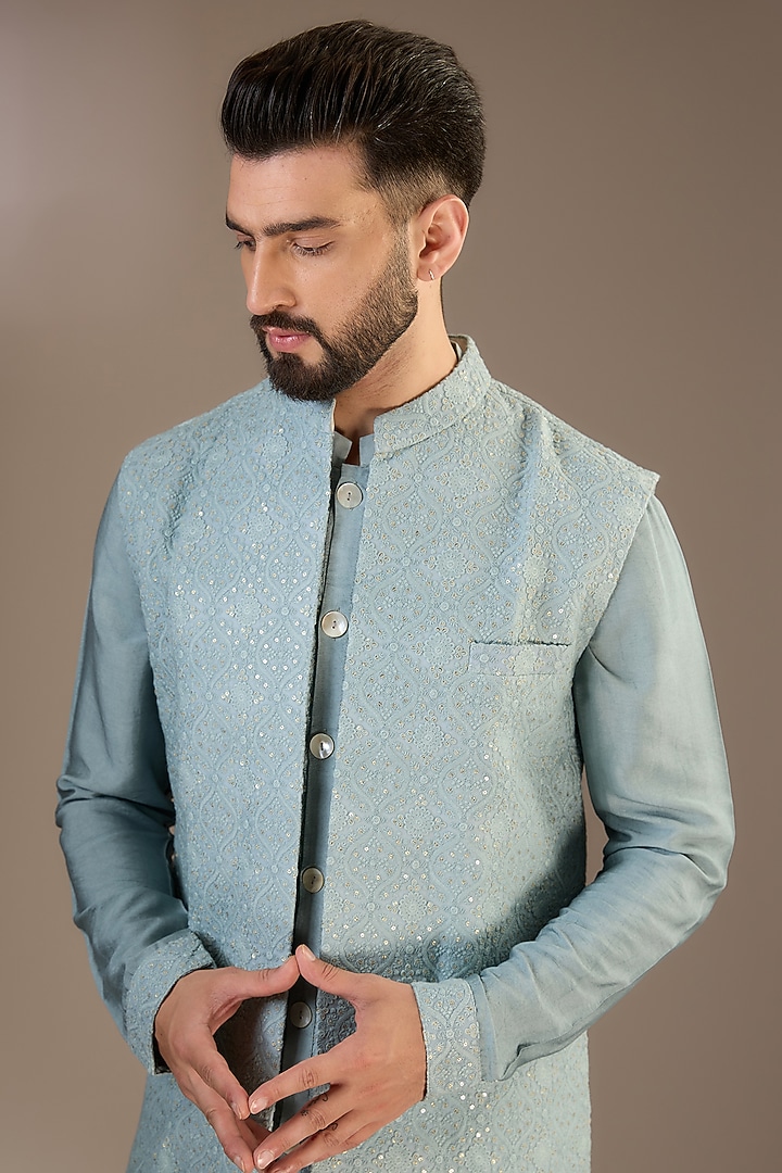 Blue Viscose Cotton Silk & Georgette Thread Embroidered Wedding Indowestern Set by Ankit V Kapoor at Pernia's Pop Up Shop