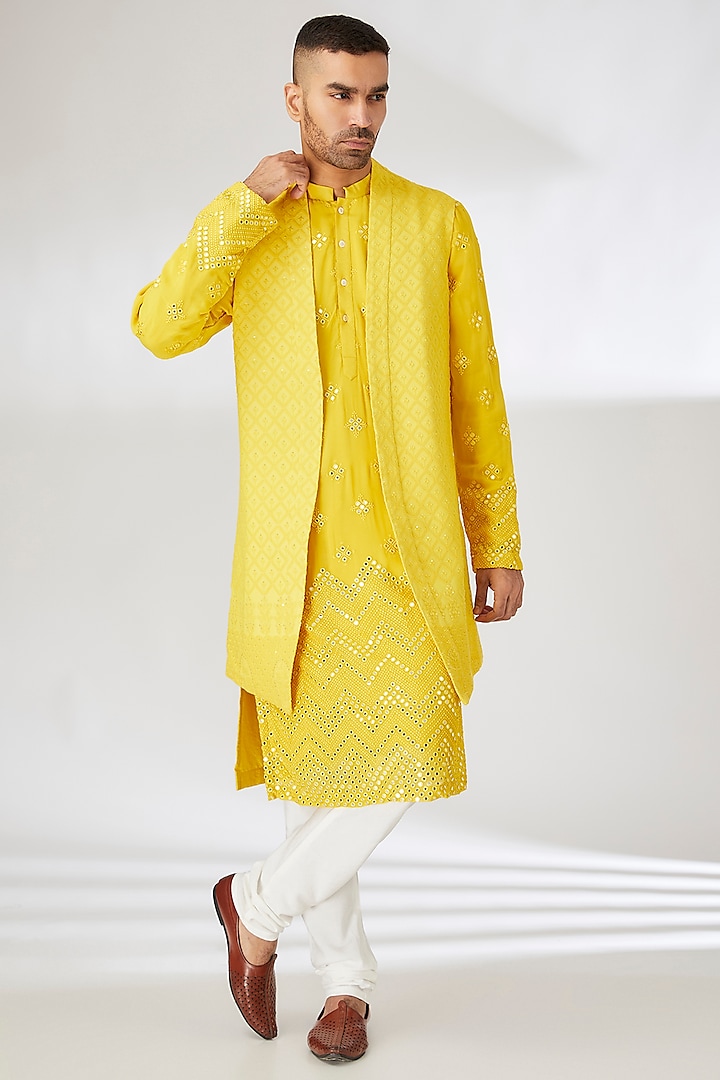 Yellow Viscose Cotton Silk Mirror Embroidered Indowestern Set by Ankit V Kapoor at Pernia's Pop Up Shop