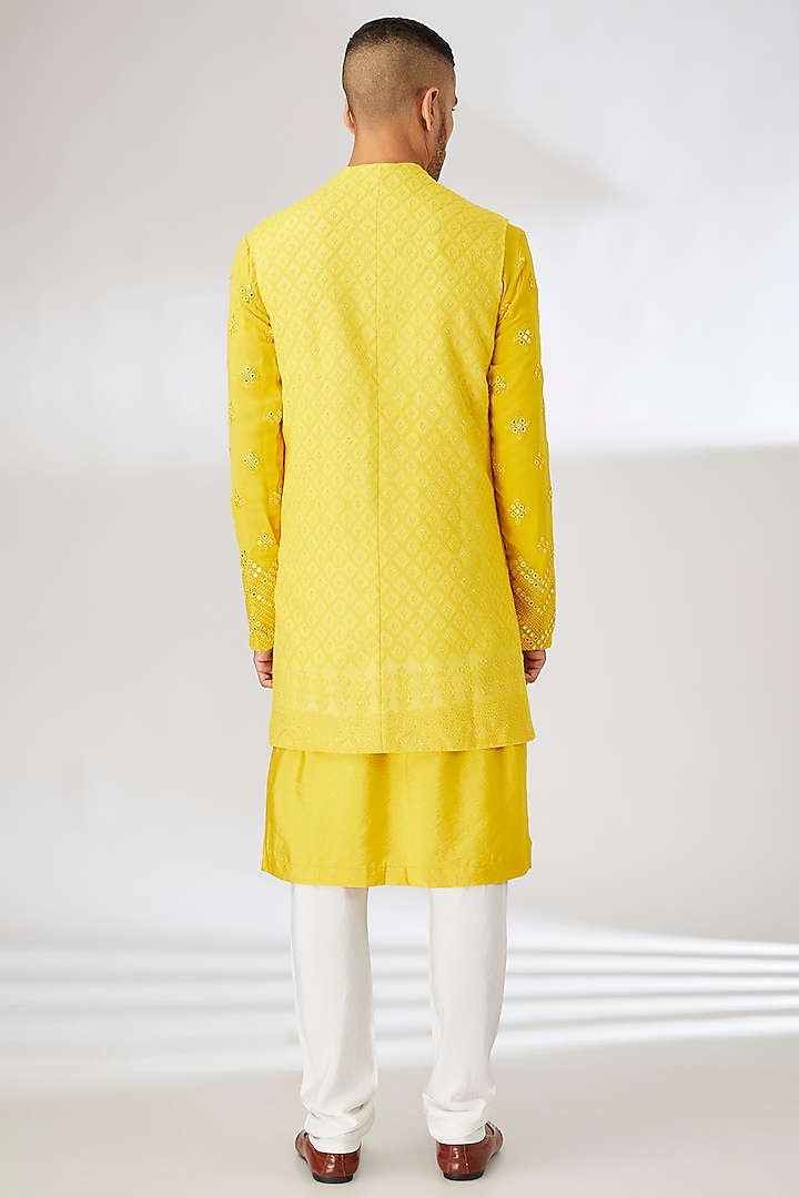 Yellow Viscose Cotton Silk Mirror Embroidered Wedding Indowestern Set by Ankit V Kapoor at Pernia's Pop Up Shop