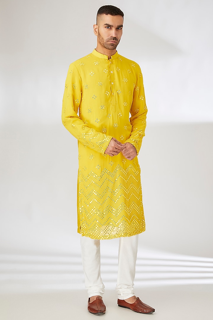 Yellow Viscose Cotton Silk Mirror Embroidered Wedding Indowestern Set by Ankit V Kapoor at Pernia's Pop Up Shop