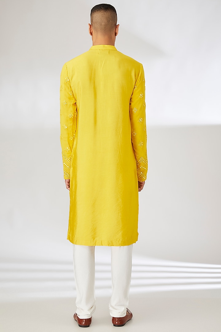 Yellow Viscose Cotton Silk Mirror Embroidered Wedding Indowestern Set by Ankit V Kapoor at Pernia's Pop Up Shop