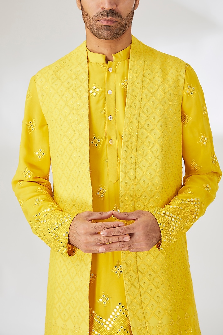 Yellow Viscose Cotton Silk Mirror Embroidered Wedding Indowestern Set by Ankit V Kapoor at Pernia's Pop Up Shop