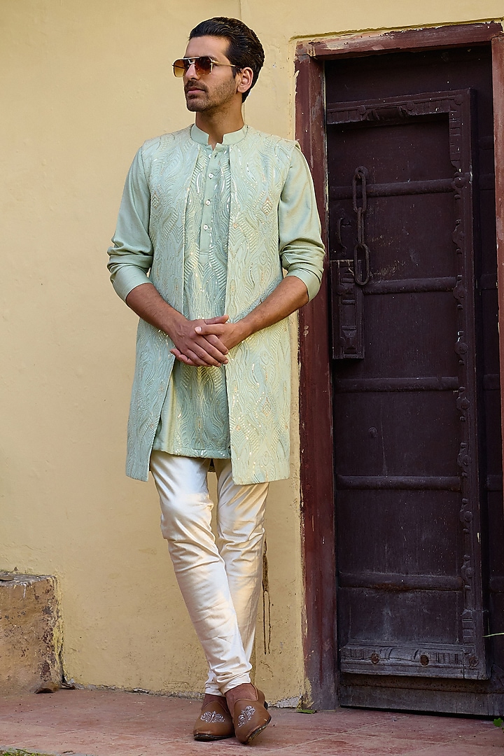 Mint Green Viscose Cotton Silk & Georgette Indowestern Set by Ankit V Kapoor