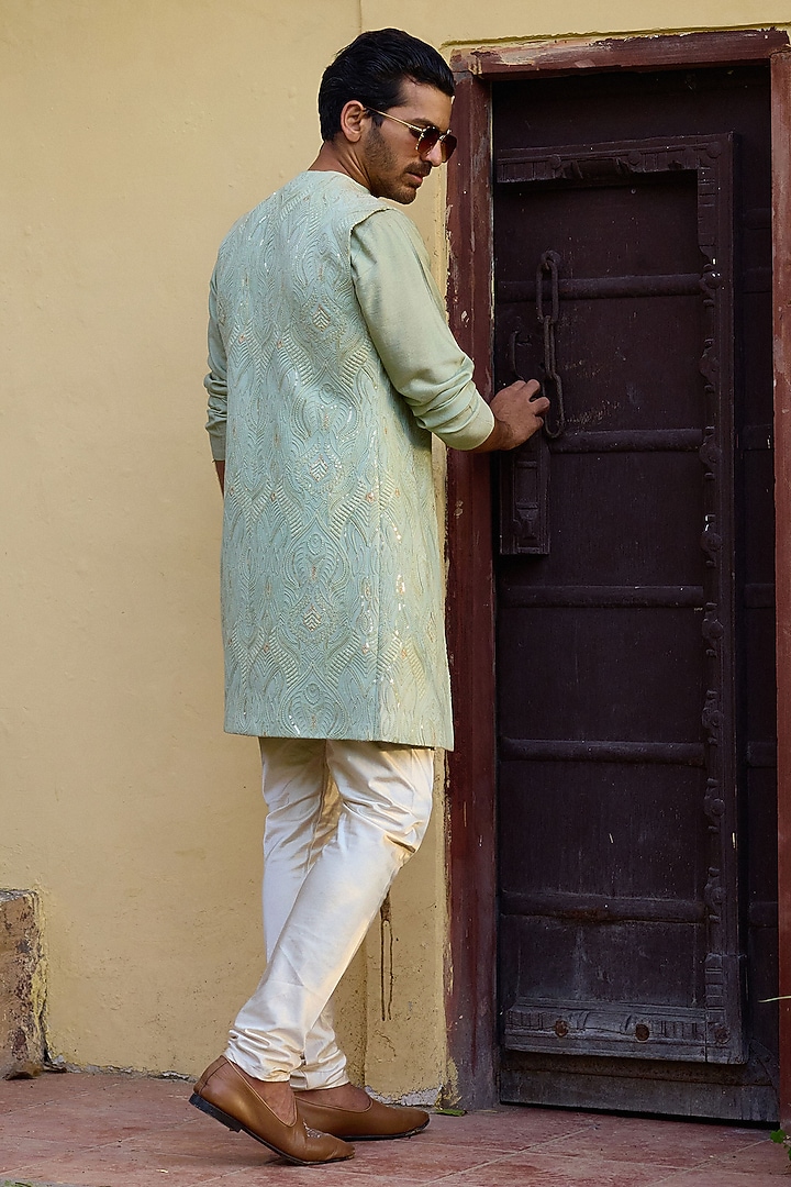 Mint Green Viscose Cotton Silk & Georgette Wedding Indowestern Set by Ankit V Kapoor at Pernia's Pop Up Shop