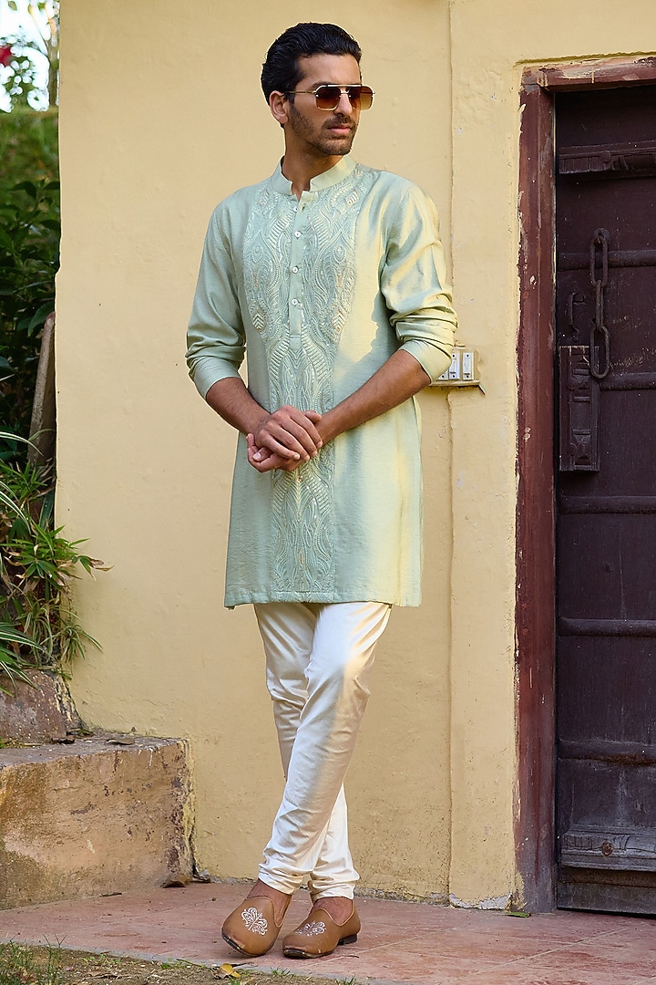 Mint Green Viscose Cotton Silk & Georgette Wedding Indowestern Set by Ankit V Kapoor at Pernia's Pop Up Shop