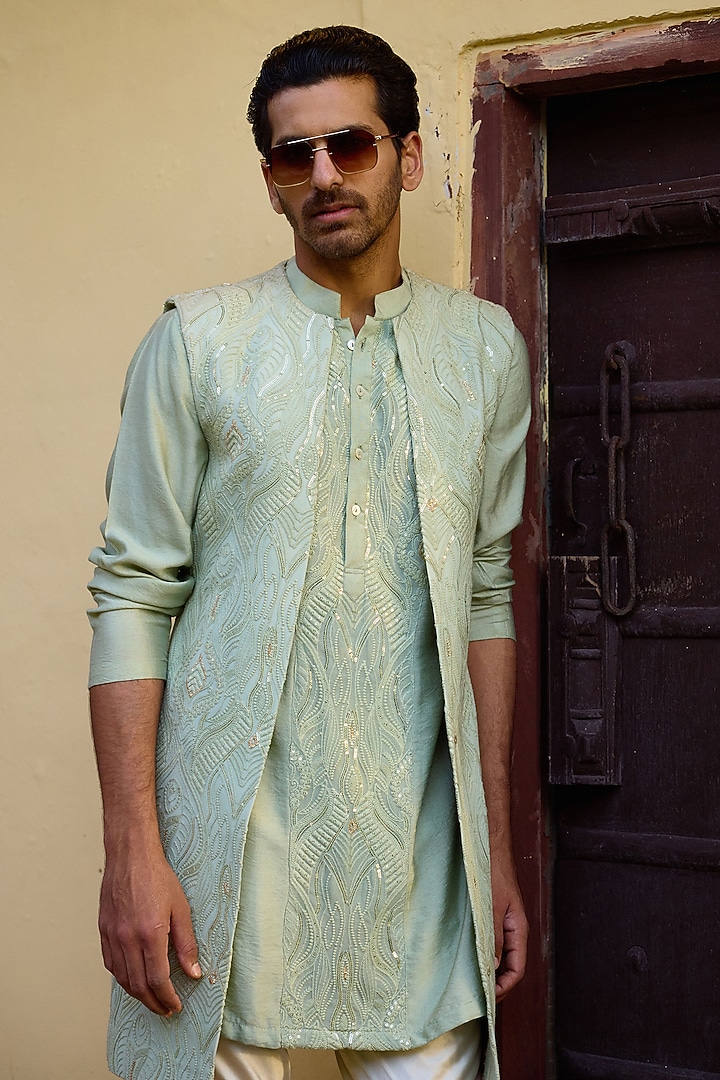 Mint Green Viscose Cotton Silk & Georgette Wedding Indowestern Set by Ankit V Kapoor at Pernia's Pop Up Shop