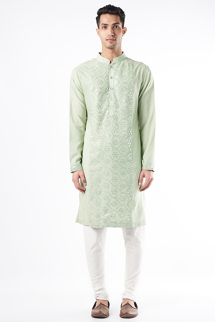Mint Green Cotton Silk Machine Embroidered Kurta Set by Ankit V Kapoor at Pernia's Pop Up Shop