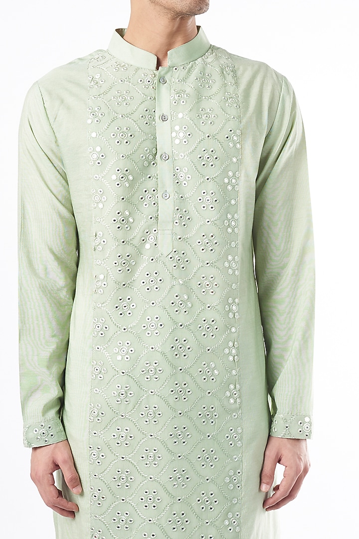 Mint Green Cotton Silk Machine Embroidered Kurta Set by Ankit V Kapoor at Pernia's Pop Up Shop