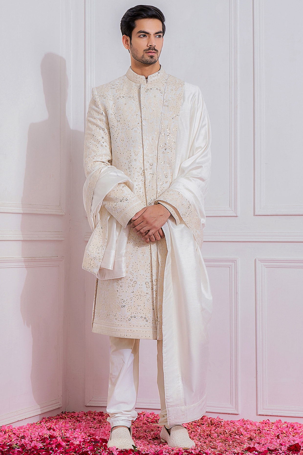 Off White Embroidered Sherwani Set Design by Ankit V Kapoor at