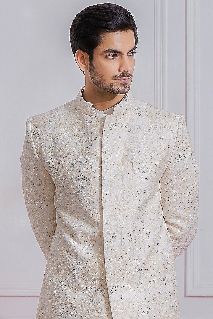 Off-White Embroidered Groom Sherwani Set by Ankit V Kapoor at Pernia's Pop Up Shop