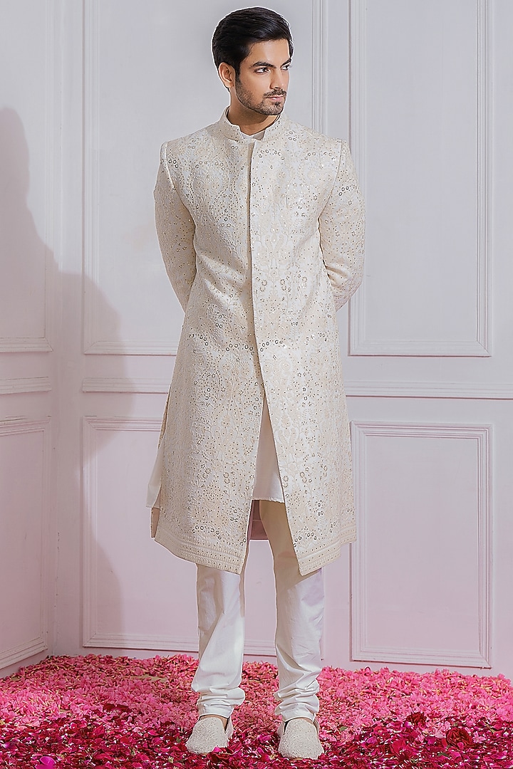 Off-White Embroidered Groom Sherwani Set by Ankit V Kapoor at Pernia's Pop Up Shop