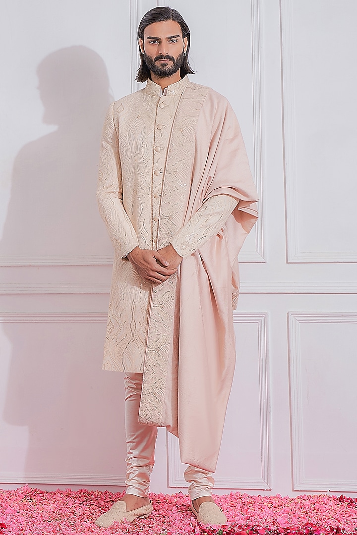 Crystal Pink Embroidered Sherwani Set by Ankit V Kapoor