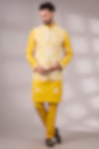 Yellow Raw Silk & Bemberg Linen Silk Bundi Jacket Set by Ankit V Kapoor at Pernia's Pop Up Shop