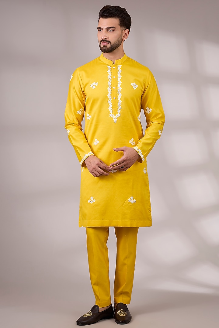 Yellow Raw Silk & Bemberg Linen Silk Bundi Jacket Set by Ankit V Kapoor at Pernia's Pop Up Shop