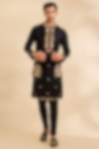 Black Raw Silk Bundi Jacket Set by Ankit V Kapoor at Pernia's Pop Up Shop