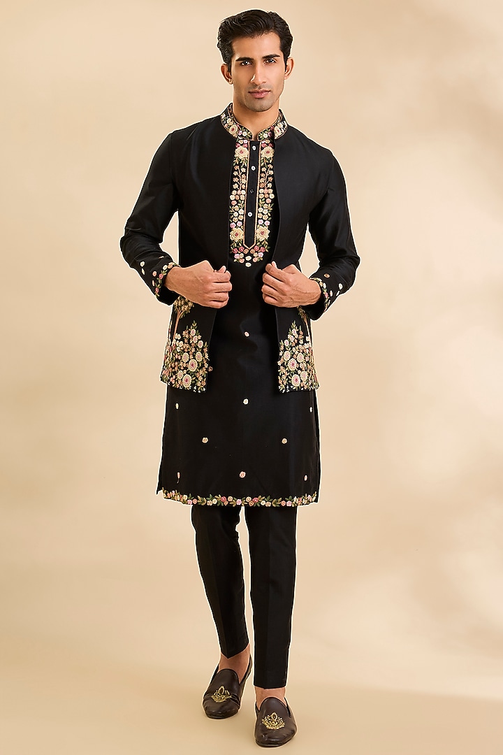 Black Raw Silk Bundi Jacket Set by Ankit V Kapoor at Pernia's Pop Up Shop