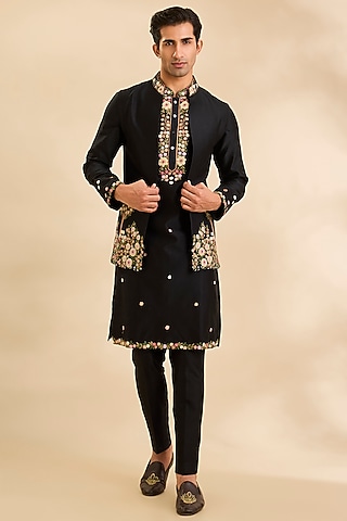Black Raw Silk Bundi Jacket Set by Ankit V Kapoor