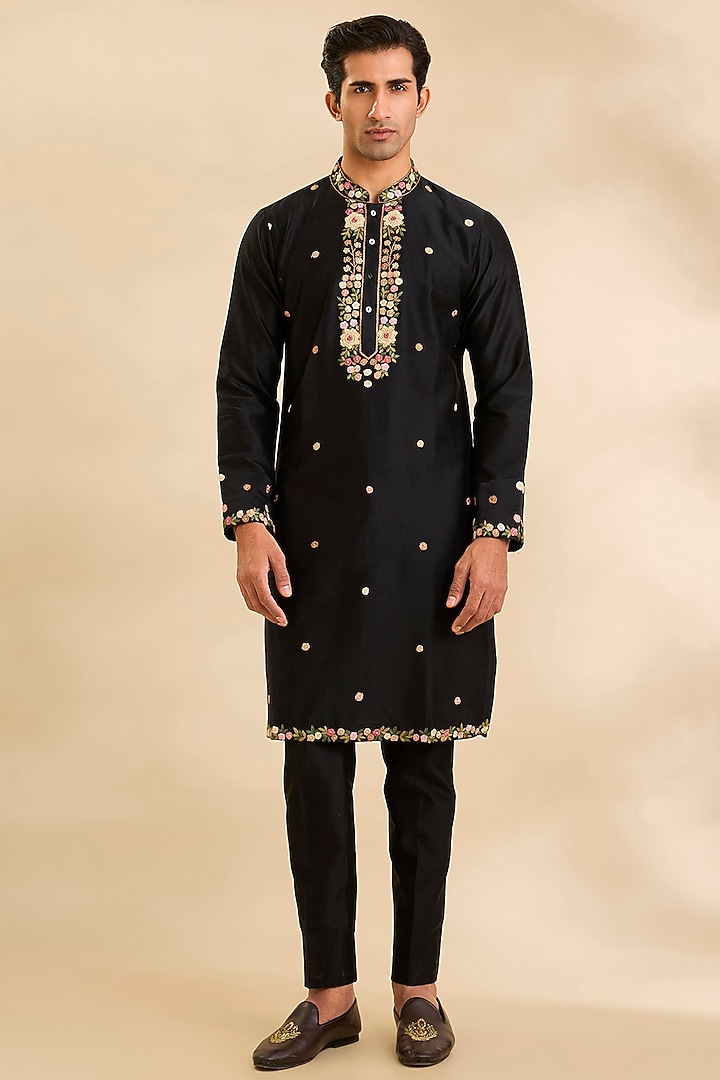 Black Raw Silk Bundi Jacket Set by Ankit V Kapoor at Pernia's Pop Up Shop