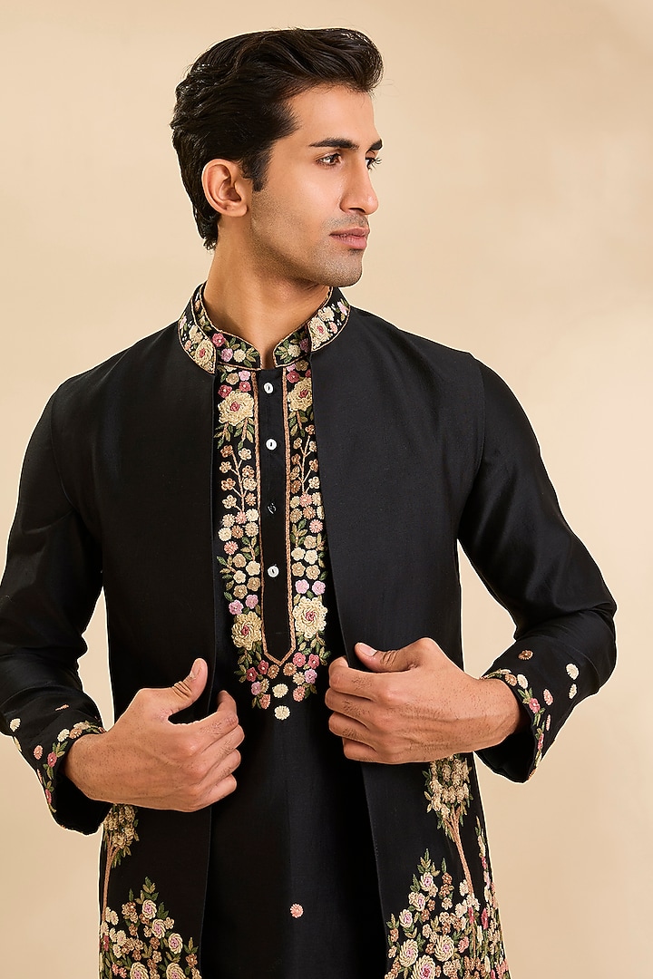 Black Raw Silk Bundi Jacket Set by Ankit V Kapoor at Pernia's Pop Up Shop
