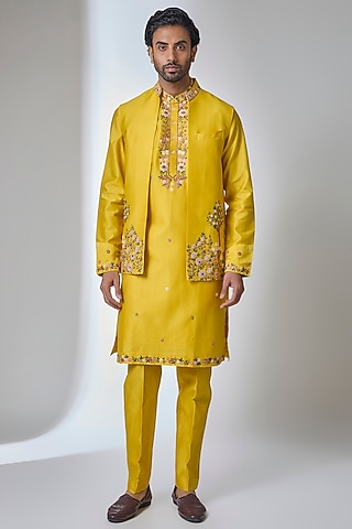 Yellow Chanderi Silk Bundi Jacket Set by Ankit V Kapoor