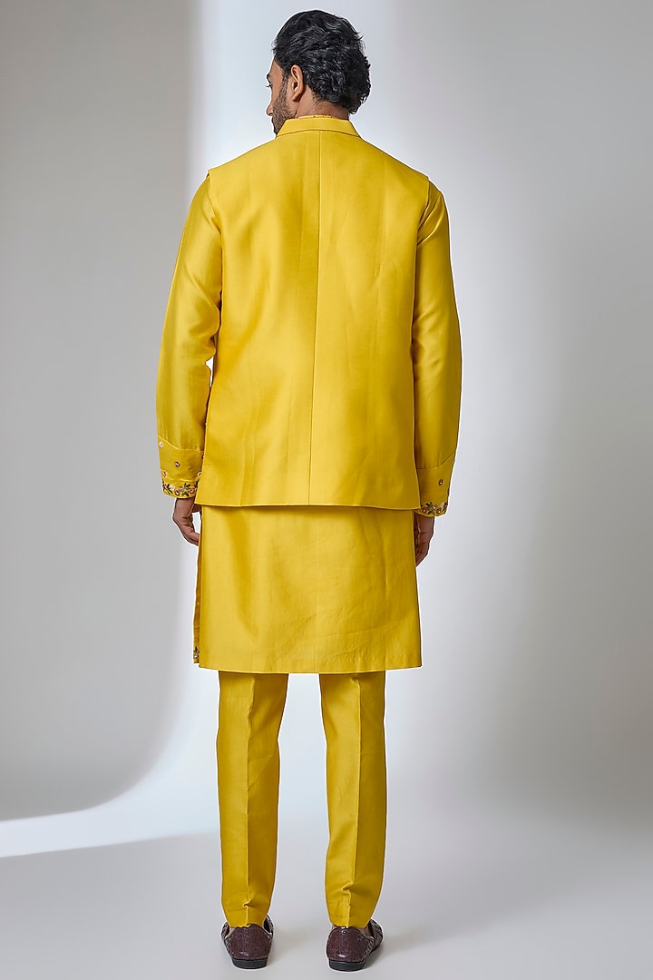 Yellow Chanderi Silk Bundi Jacket Set by Ankit V Kapoor at Pernia's Pop Up Shop