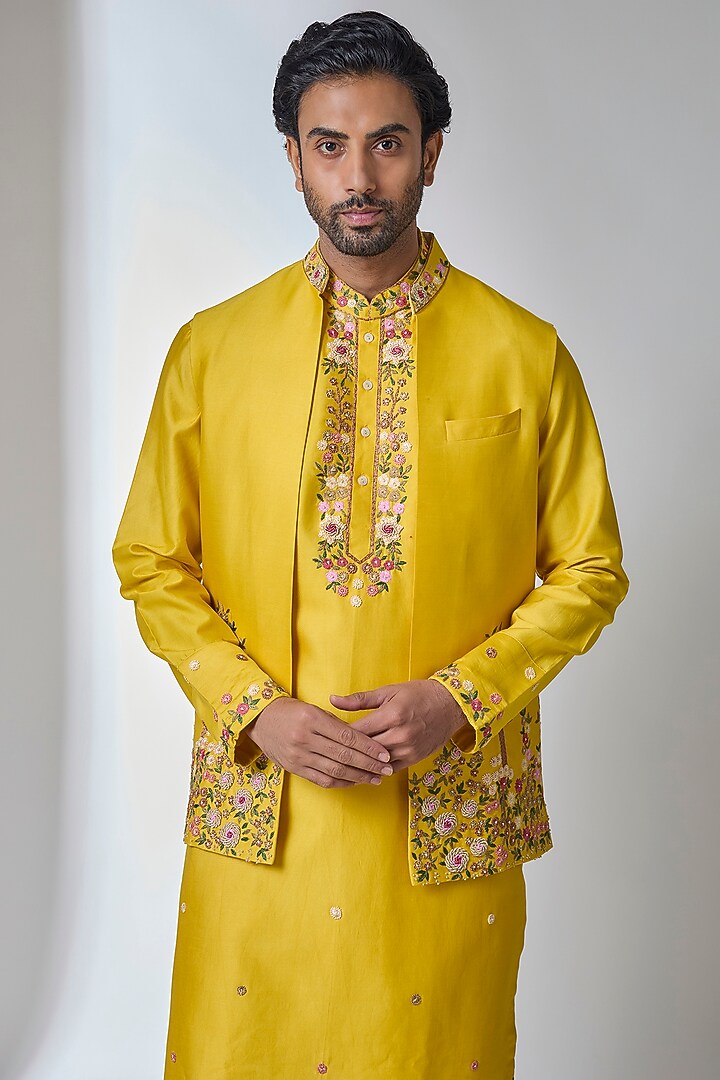 Yellow Chanderi Silk Bundi Jacket Set by Ankit V Kapoor at Pernia's Pop Up Shop
