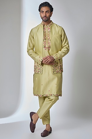 Mint Green Chanderi Silk Bundi Jacket Set by Ankit V Kapoor