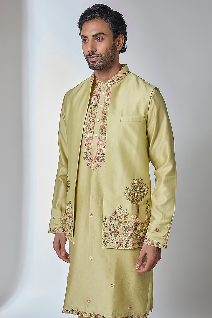 Mint Green Chanderi Silk Bundi Jacket Set by Ankit V Kapoor at Pernia's Pop Up Shop