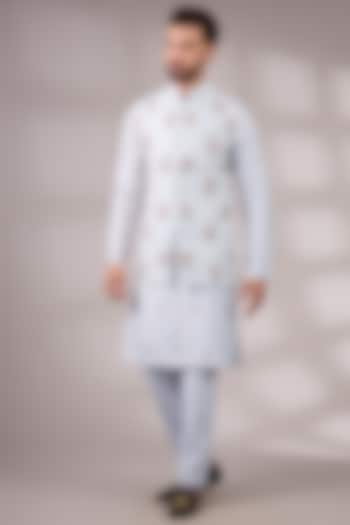 Ice Grey Raw Silk & Bemberg Linen Silk Bundi Jacket Set by Ankit V Kapoor at Pernia's Pop Up Shop