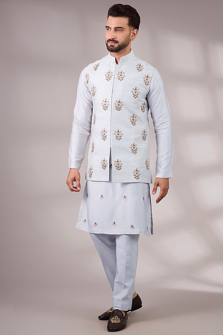 Ice Grey Raw Silk & Bemberg Linen Silk Bundi Jacket Set by Ankit V Kapoor at Pernia's Pop Up Shop