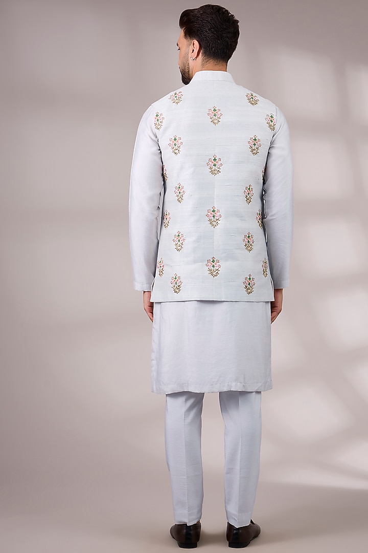 Ice Grey Raw Silk & Bemberg Linen Silk Bundi Jacket Set by Ankit V Kapoor at Pernia's Pop Up Shop