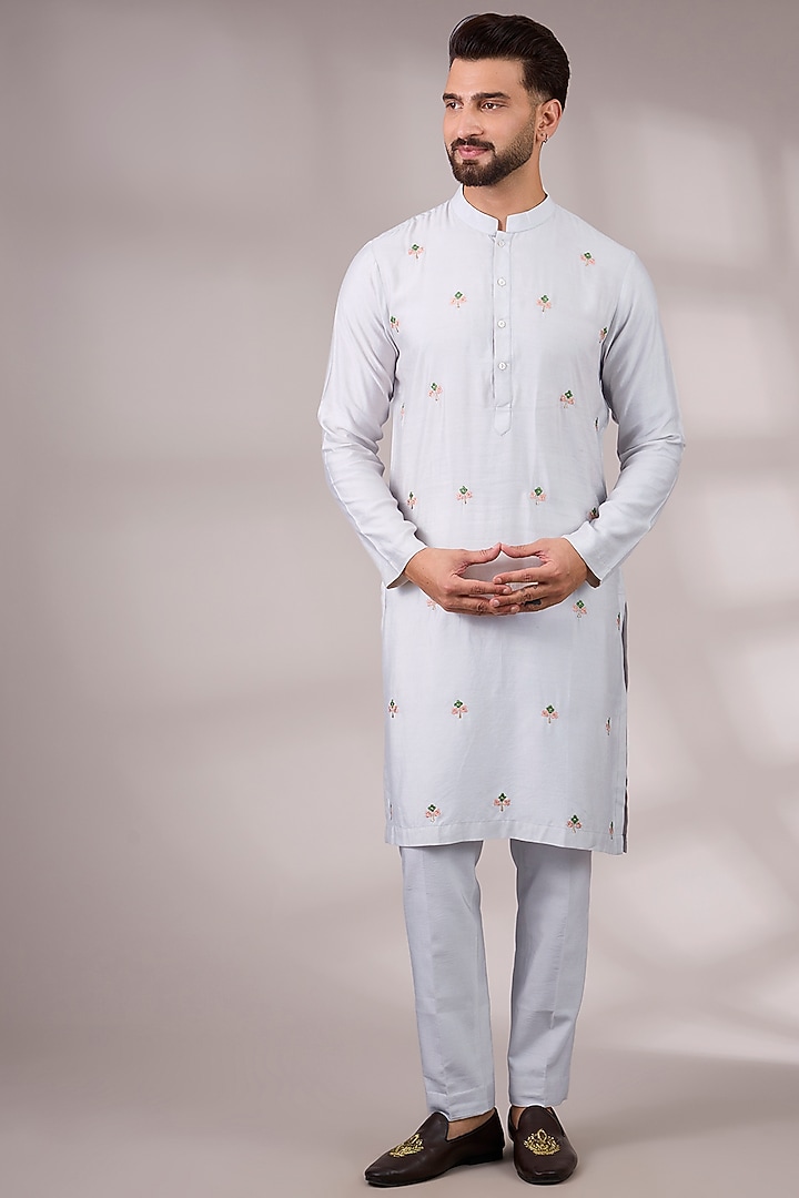 Ice Grey Raw Silk & Bemberg Linen Silk Bundi Jacket Set by Ankit V Kapoor at Pernia's Pop Up Shop