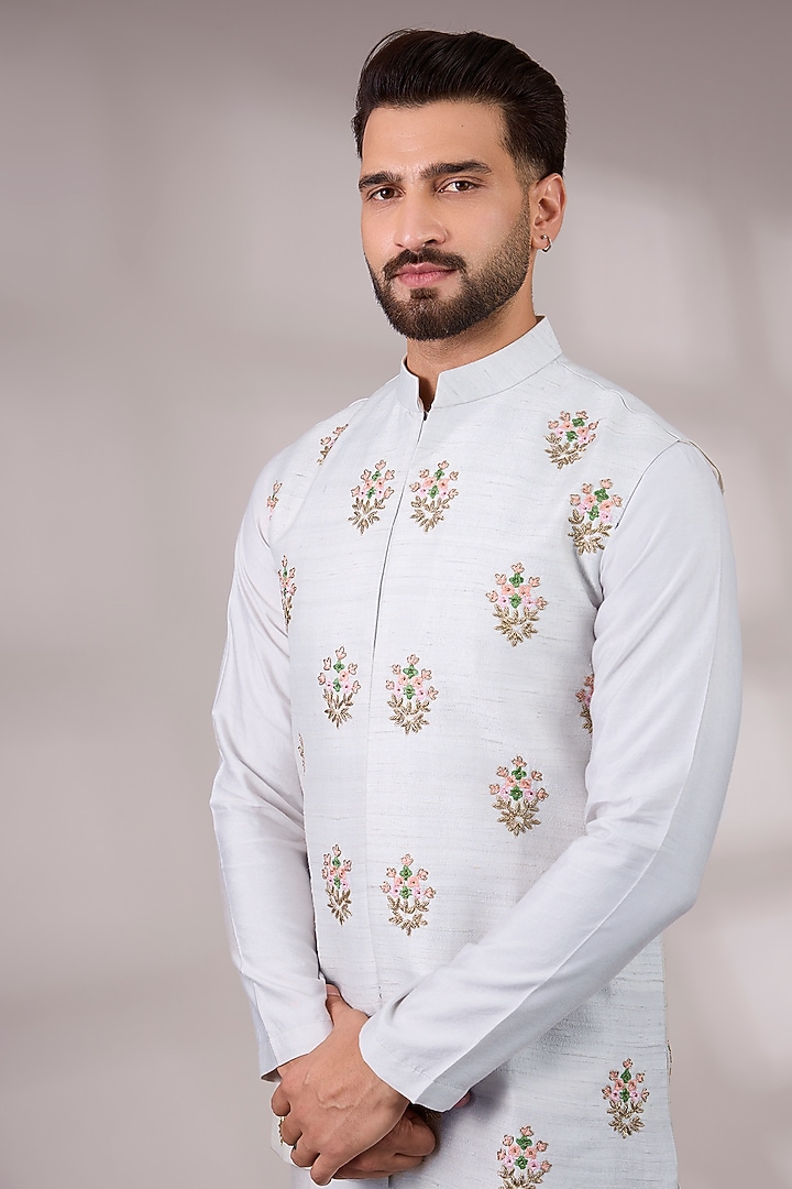 Ice Grey Raw Silk & Bemberg Linen Silk Bundi Jacket Set by Ankit V Kapoor at Pernia's Pop Up Shop