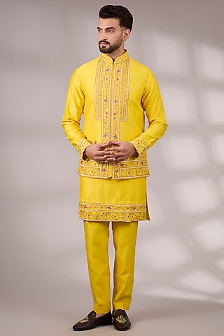 Deep Yellow Raw Silk & Bemberg Linen Silk Bundi Jacket Set by Ankit V Kapoor