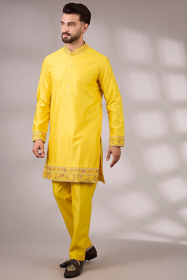 Deep Yellow Raw Silk & Bemberg Linen Silk Bundi Jacket Set by Ankit V Kapoor at Pernia's Pop Up Shop
