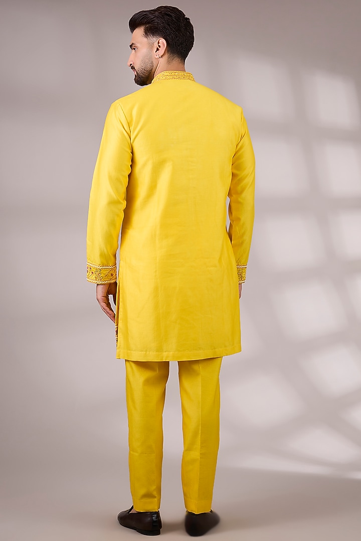 Deep Yellow Raw Silk & Bemberg Linen Silk Bundi Jacket Set by Ankit V Kapoor at Pernia's Pop Up Shop