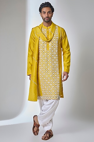 Yellow Bemberg Linen Silk Kurta Set by Ankit V Kapoor