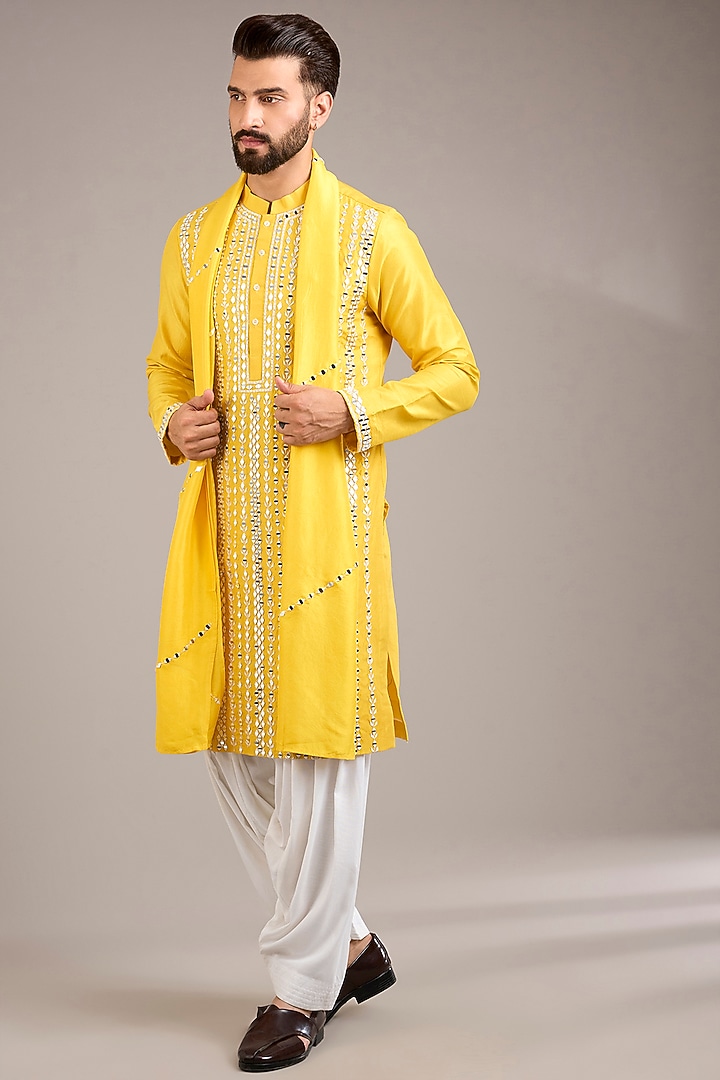 Yellow Raw Silk & Bemberg Linen Silk Kurta Set by Ankit V Kapoor at Pernia's Pop Up Shop