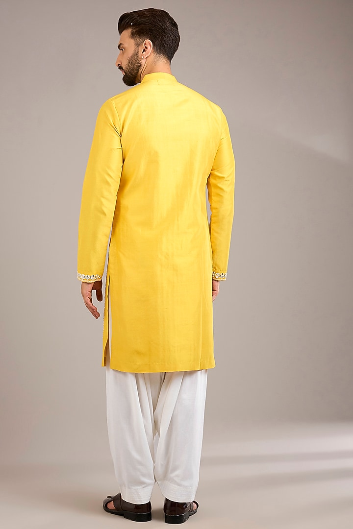 Yellow Raw Silk & Bemberg Linen Silk Kurta Set by Ankit V Kapoor at Pernia's Pop Up Shop