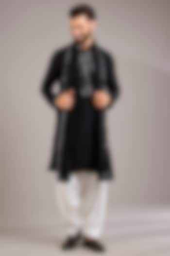Black Raw Silk & Bemberg Linen Silk Kurta Set by Ankit V Kapoor at Pernia's Pop Up Shop