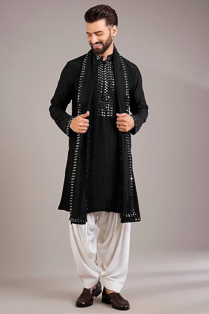 Black Raw Silk & Bemberg Linen Silk Kurta Set by Ankit V Kapoor at Pernia's Pop Up Shop