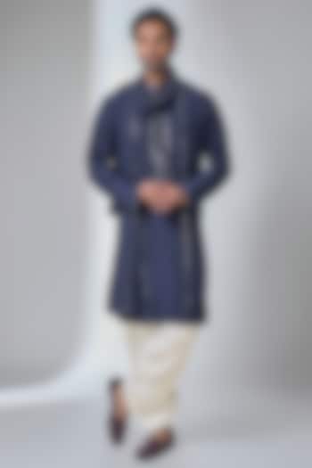 Navy Blue Bemberg Linen Silk Kurta Set by Ankit V Kapoor at Pernia's Pop Up Shop