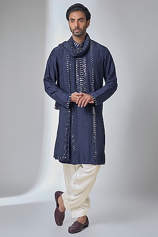 Navy Blue Bemberg Linen Silk Kurta Set by Ankit V Kapoor